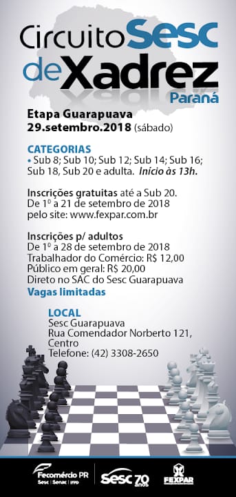 Inscrições abertas para o Circuito Sesc de Xadrez 2022 em Guarapuava