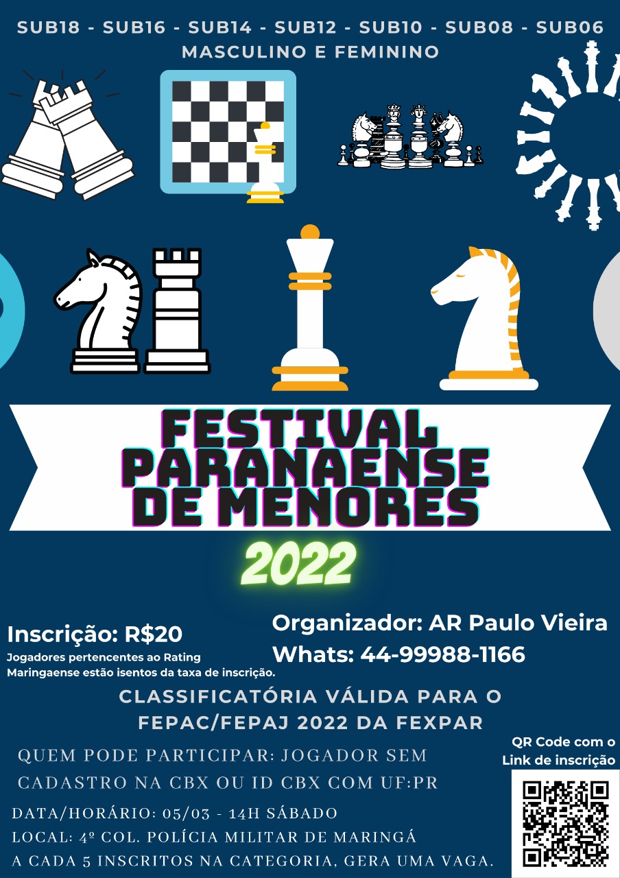 22 a 25/11 - R$ 13 mil!! CAMPEONATO PARANAENSE DE XADREZ 2018 - FEXPAR -  Federação de Xadrez do Paraná